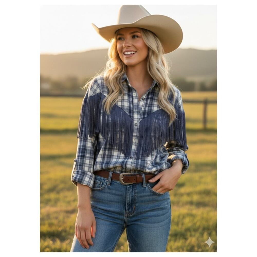 OOAK Western Plaid and Tassel Button Down Shirt Shacket - Picture 1 of 5